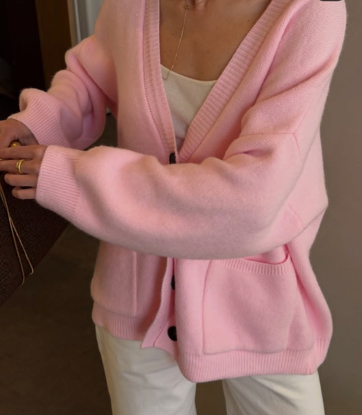 Oversized V-Neck Button Cardigan with Pockets in Pink — close-up of the buttons and pocket