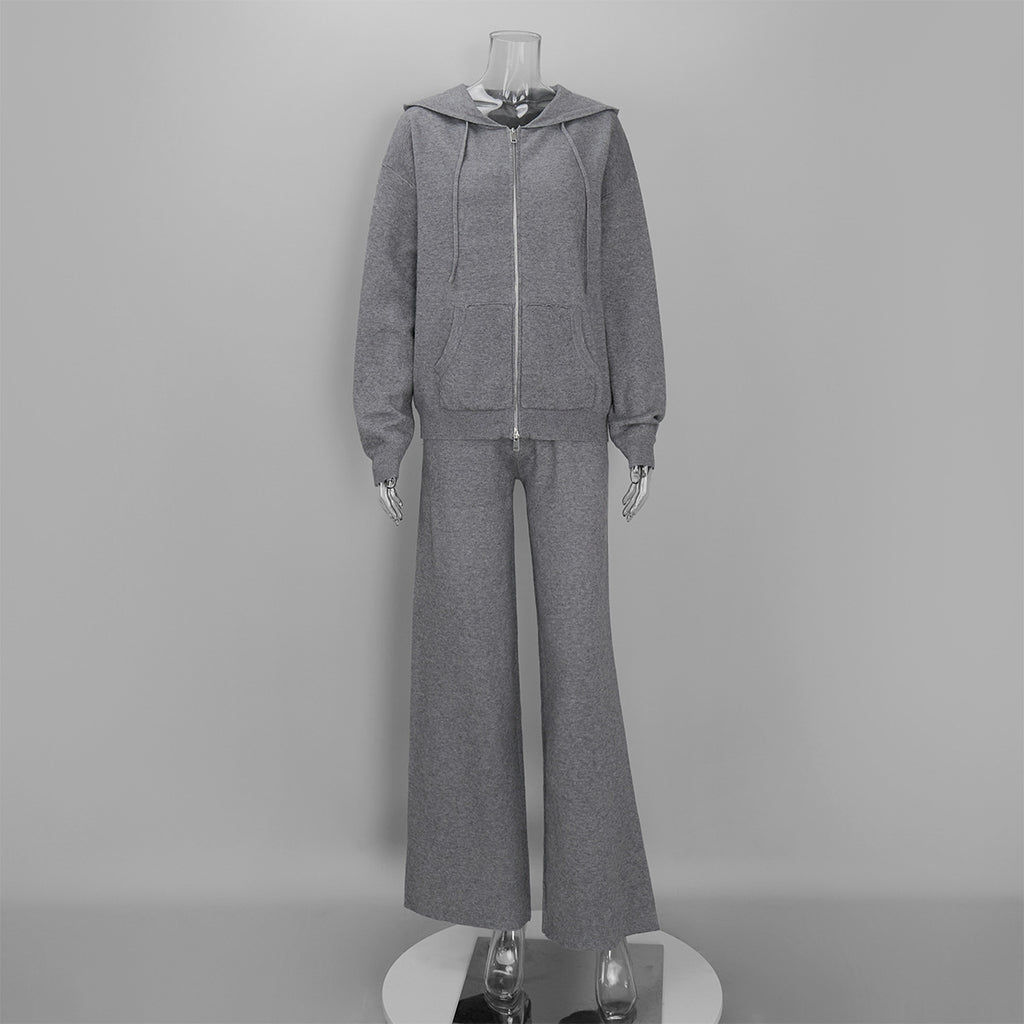 Oversized Hooded Zip-Up Knit & Drawstring Wide-Leg Pants Set in Heather Gray — set front view