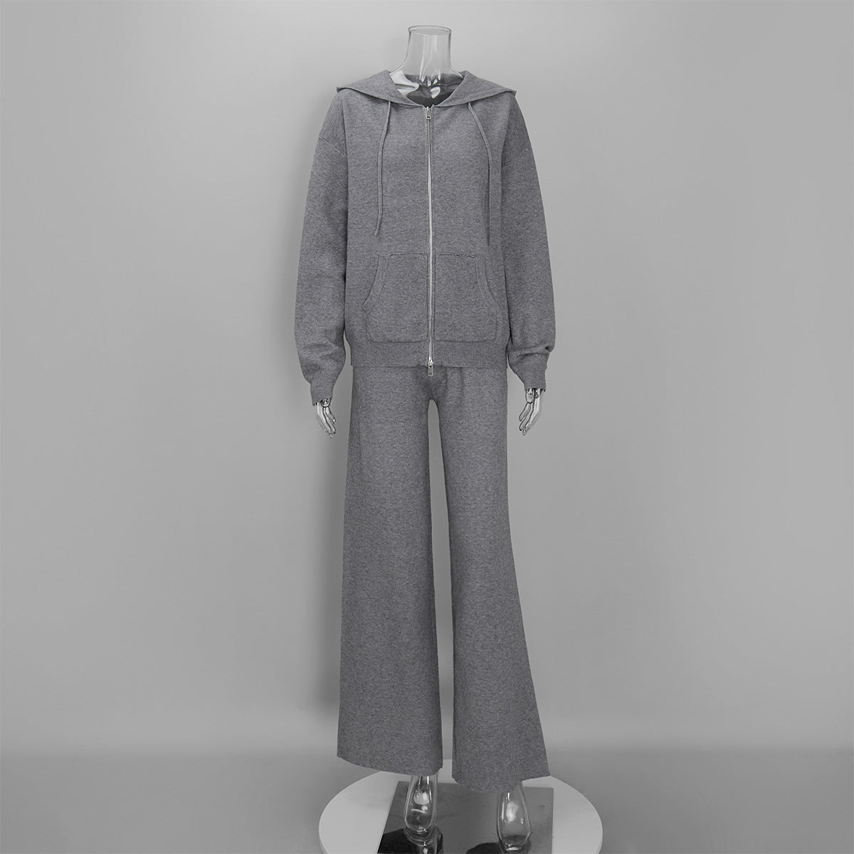 Oversized Hooded Zip-Up Knit & Drawstring Wide-Leg Pants Set in Heather Gray — set front view