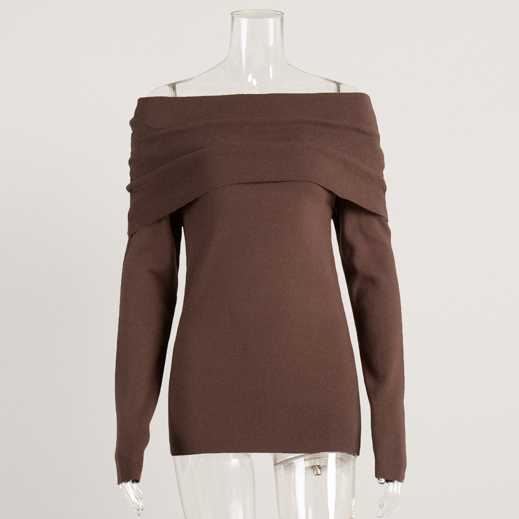 Off-Shoulder Fold-Over Knit Sweater in Chocolate Brown — front view