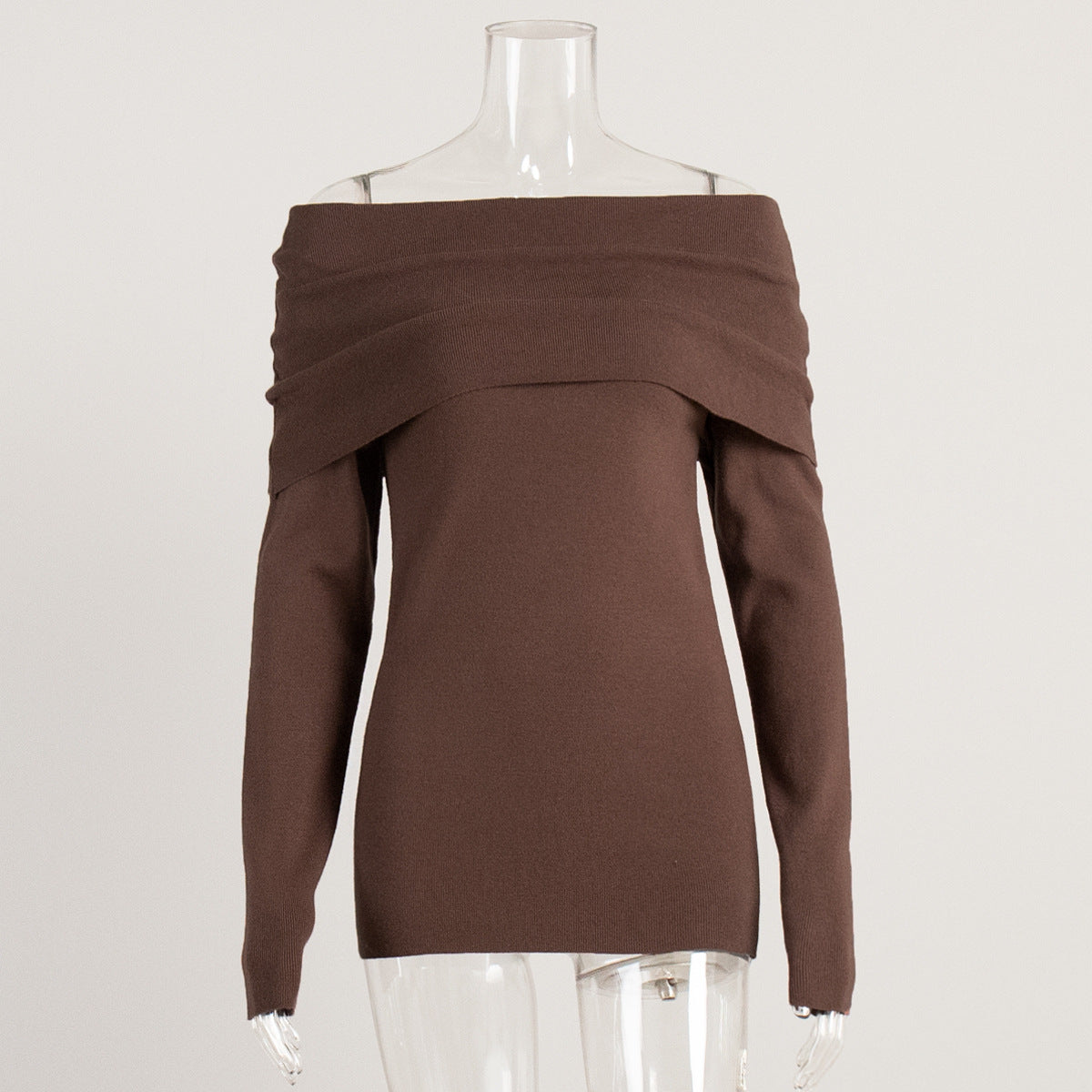 Off-Shoulder Fold-Over Knit Sweater in Chocolate Brown — front view