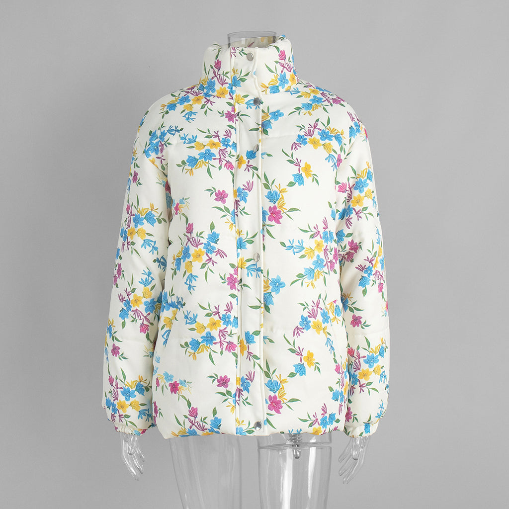 Floral Print Puffer Jacket with Stand Collar in Cream Floral — front view on mannequin