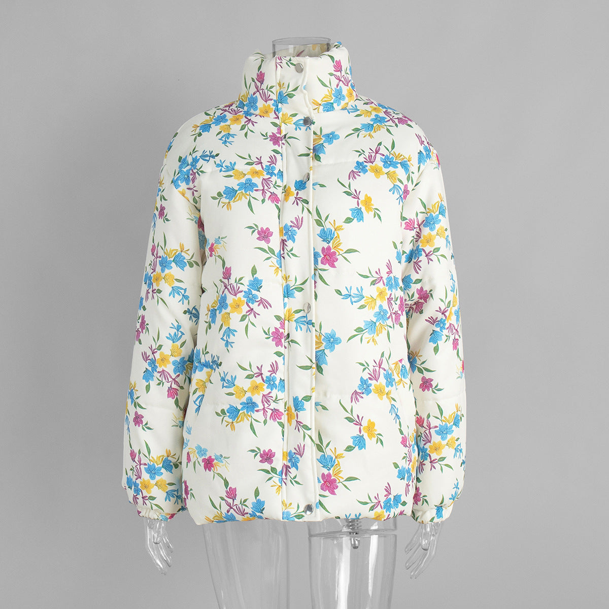 Floral Print Puffer Jacket with Stand Collar in Cream Floral — front view on mannequin