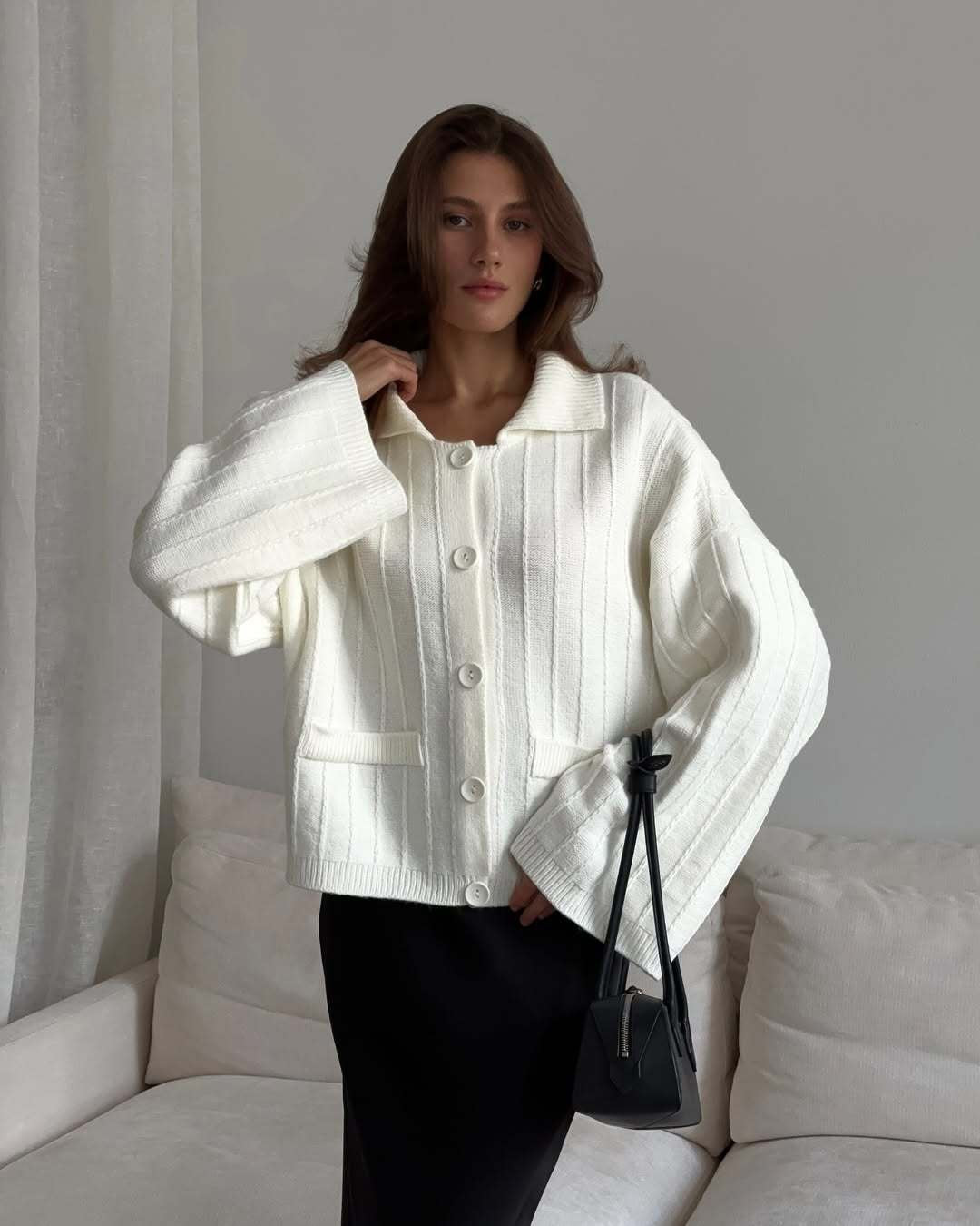 Oversized Collared Button Cardigan with Bell Sleeves in Ivory — front view on model
