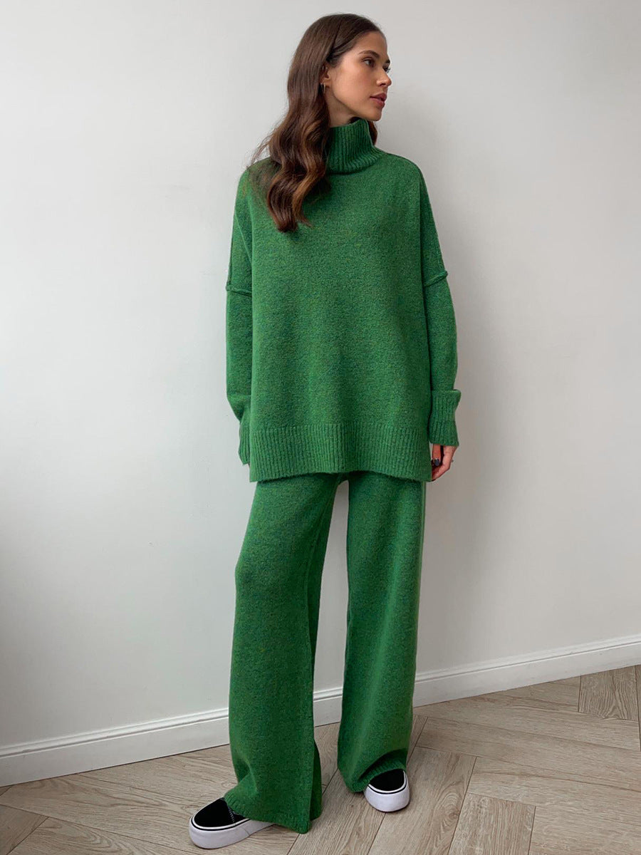 Oversized Turtleneck Sweater & Wide-Leg Knit Pants Set in Green — side view