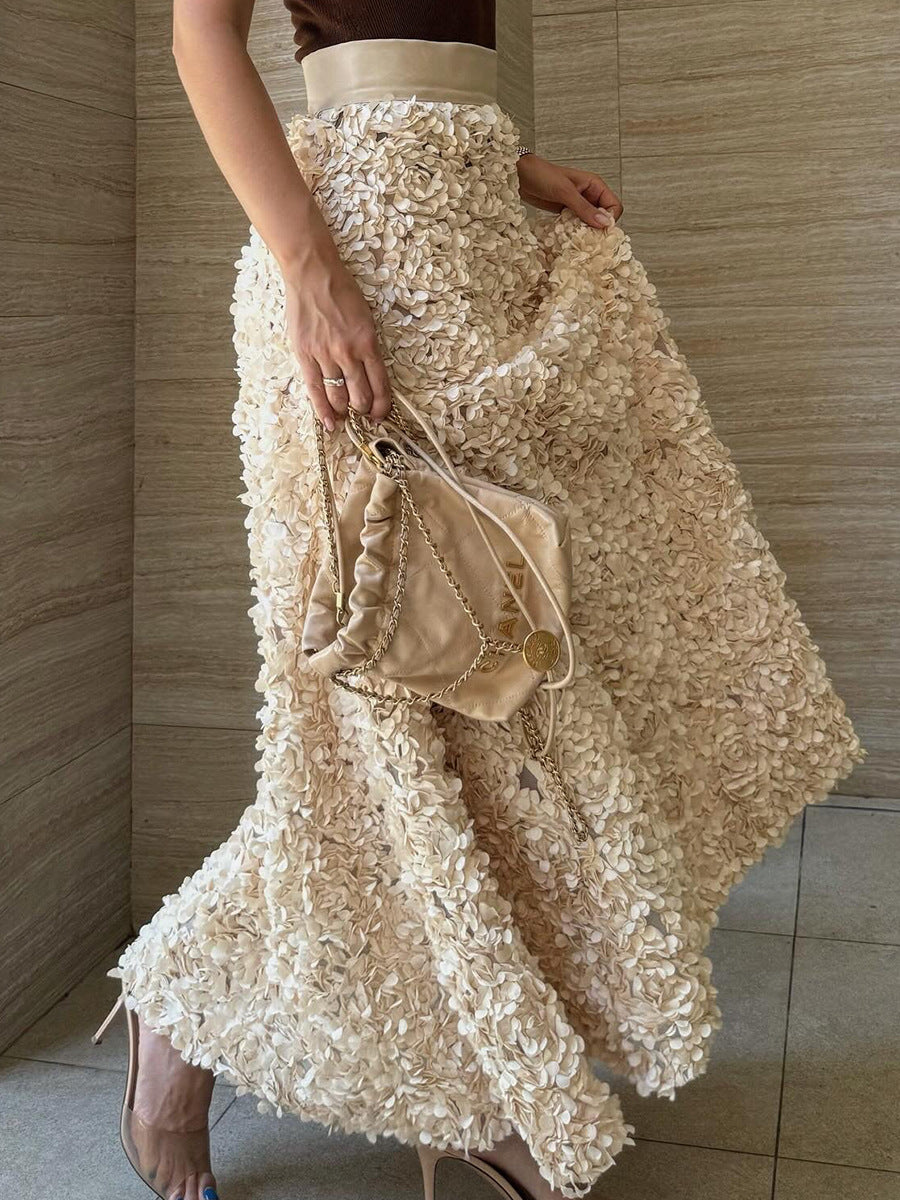 3D Rose Petal A-Line Maxi Skirt in Champagne — showing the skirt's volume