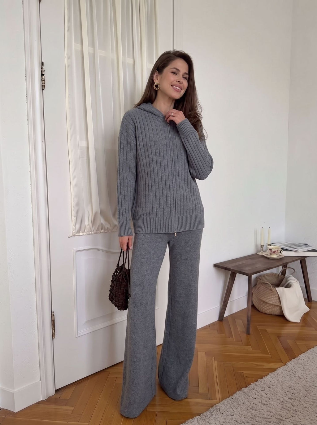 Ribbed Hooded Zip Top and Wide-Leg Pants Set in Gray — front view on model or garment