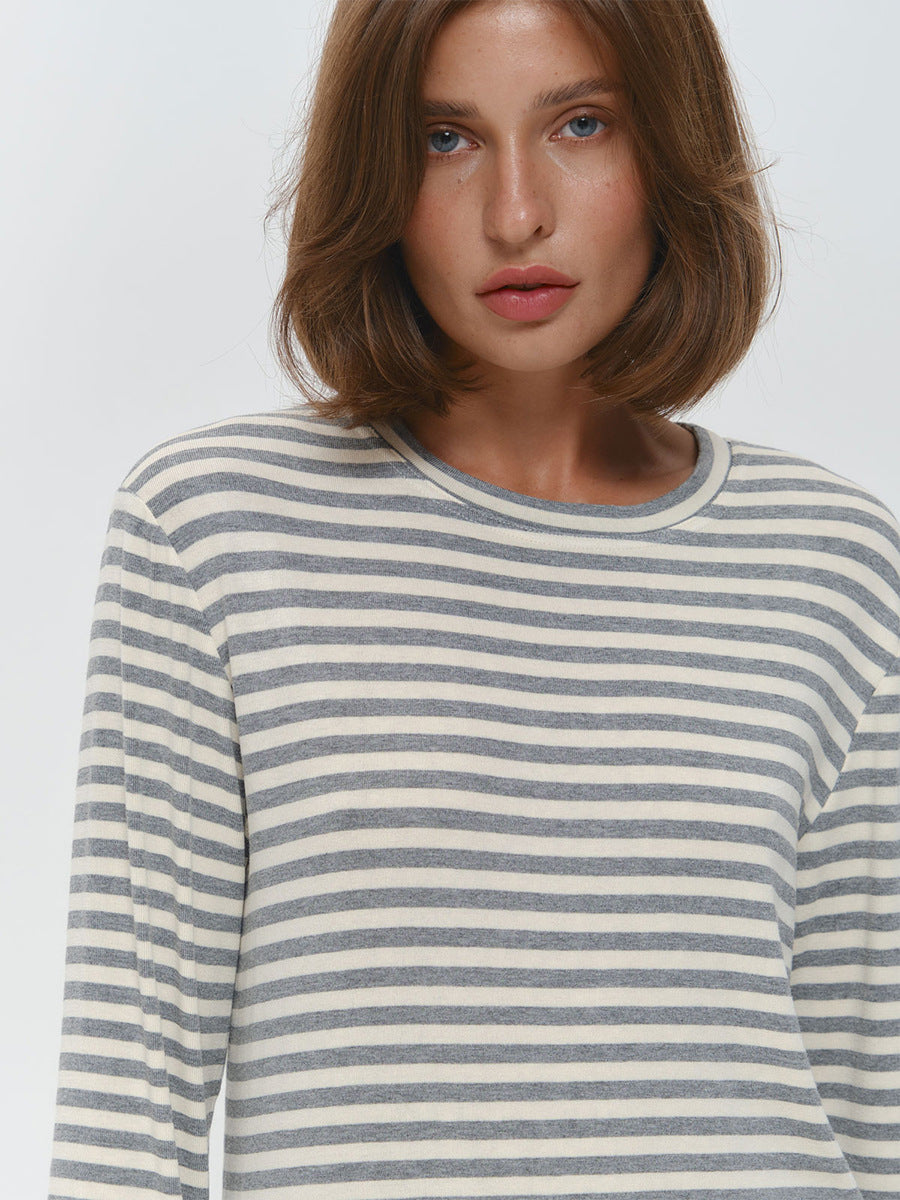 Striped Cotton Crew Neck Long Sleeve Tee in Gray Stripe — close-up of the crew neck and stripes