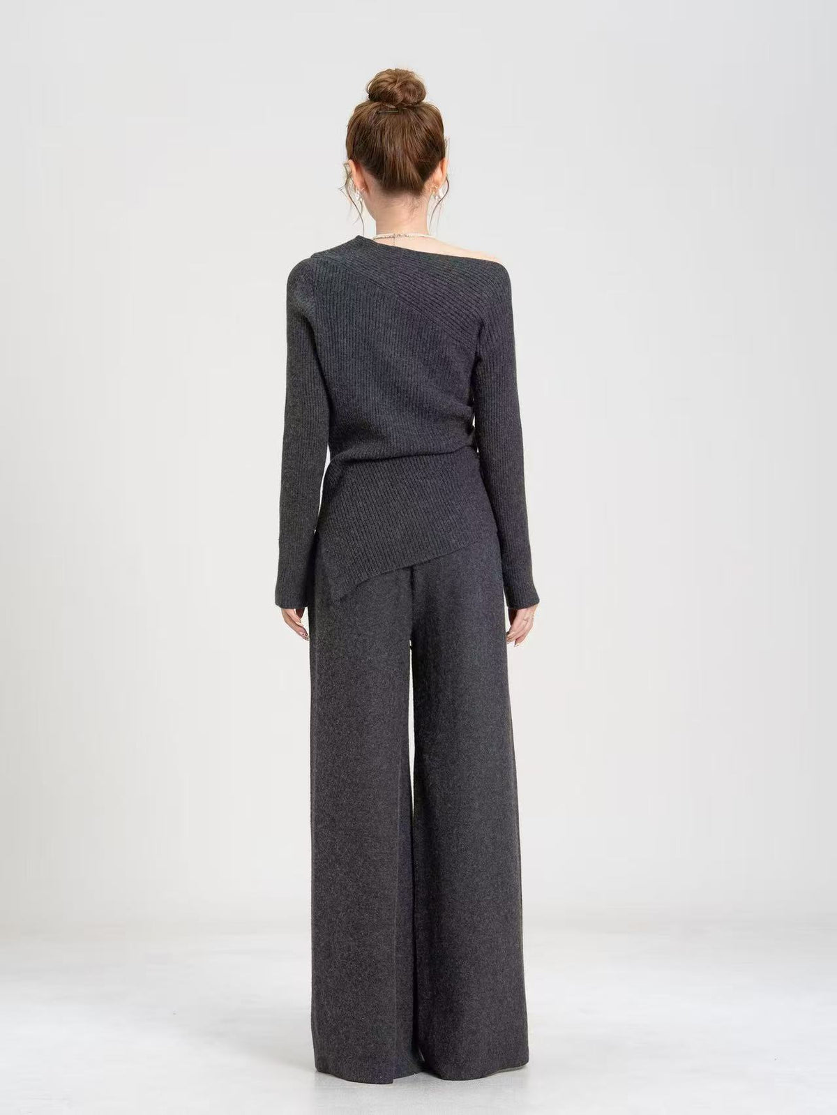 Asymmetric Off-Shoulder Rib-Knit Top & Wide-Leg Pants Set in Charcoal — back view on model