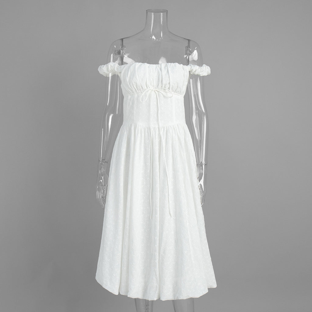 Eyelet Cotton Off-Shoulder Midi Dress in Ivory Eyelet — front on mannequin