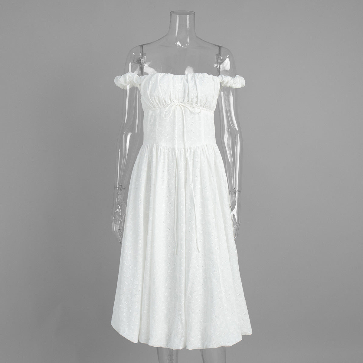 Eyelet Cotton Off-Shoulder Midi Dress in Ivory Eyelet — front on mannequin