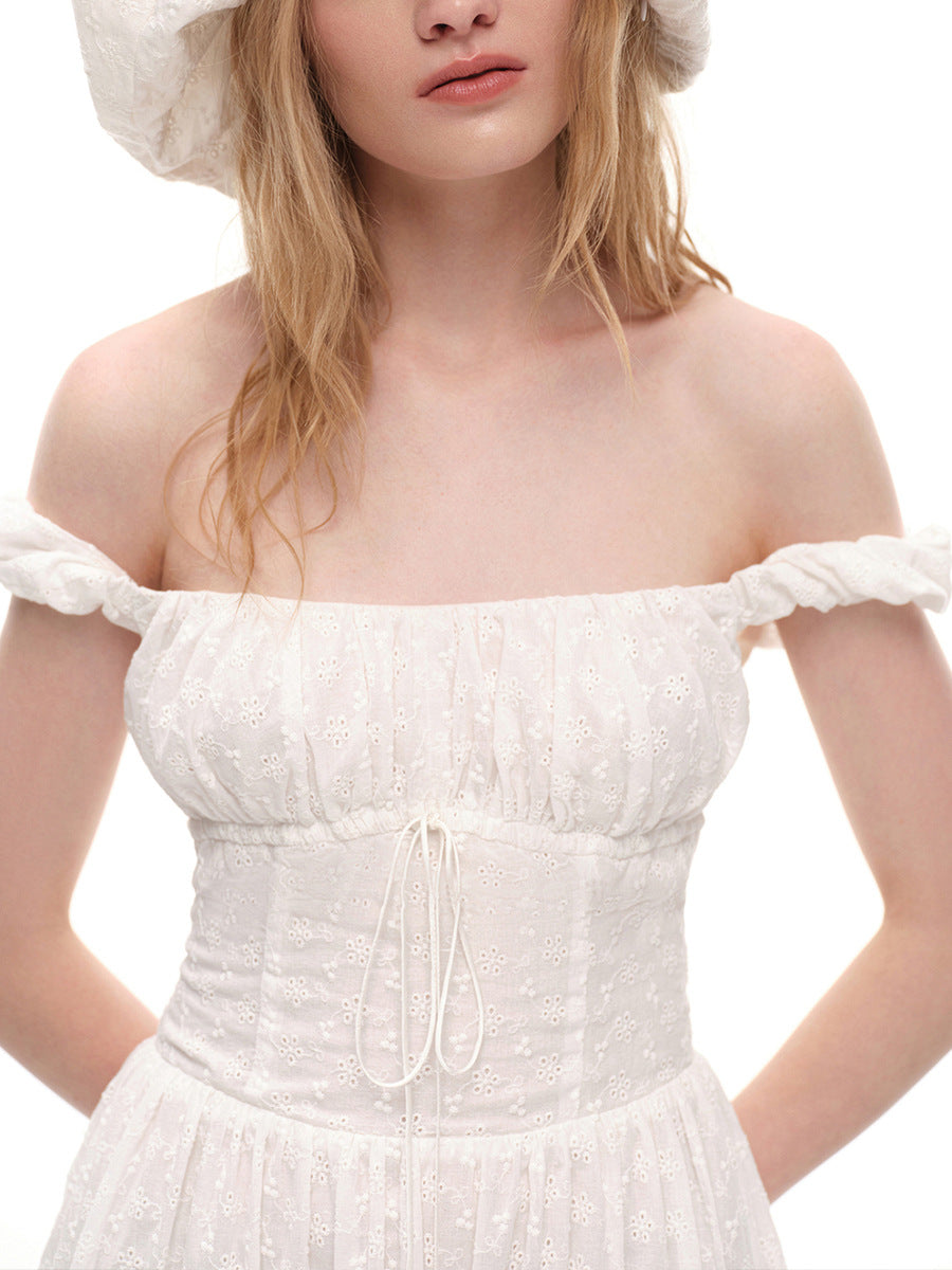 Eyelet Cotton Off-Shoulder Midi Dress in Ivory Eyelet — bodice close-up on model