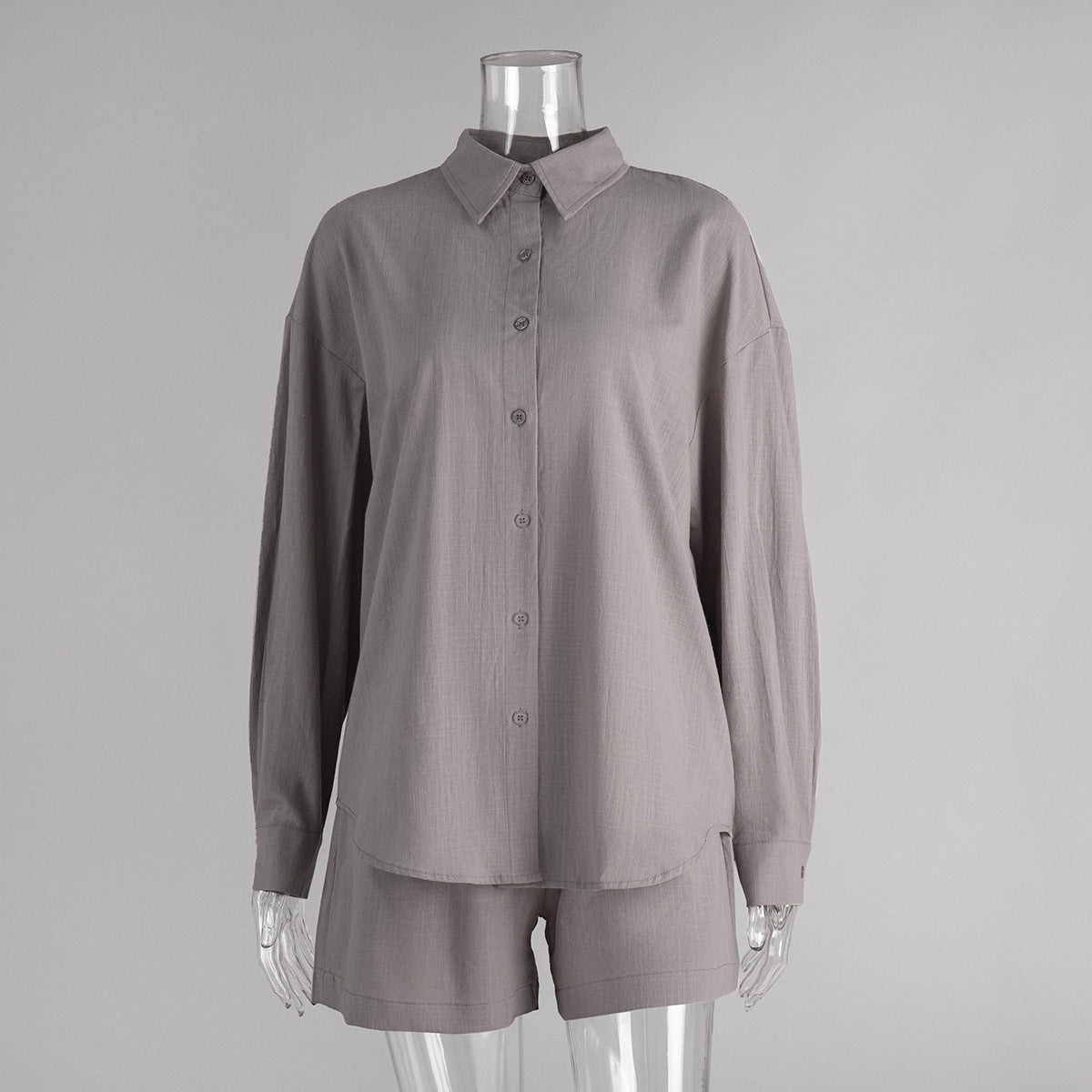Oversized Cotton Shirt & Elastic-Waist Shorts Set in Taupe — set on mannequin