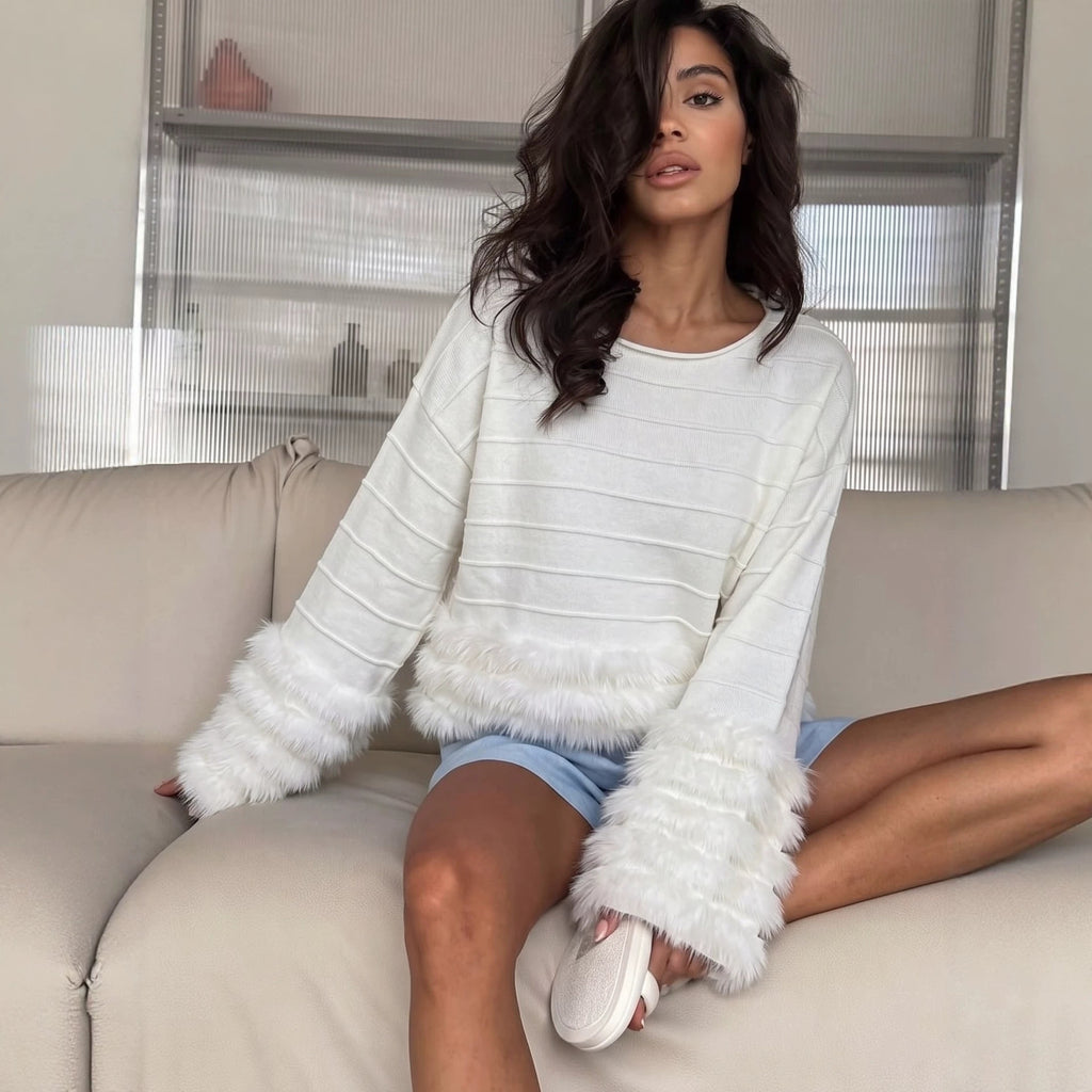 Fringe Trim Ribbed Crewneck Sweater in Ivory — front view on model