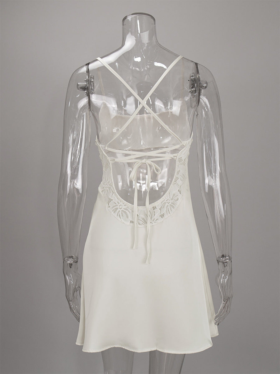 Satin Lace-Trim Mini Slip Dress with Tie Back in Ivory — back view on mannequin