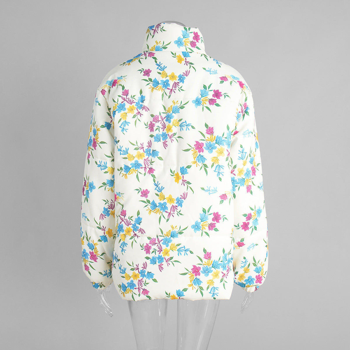 Floral Print Puffer Jacket with Stand Collar in Cream Floral — back view on mannequin