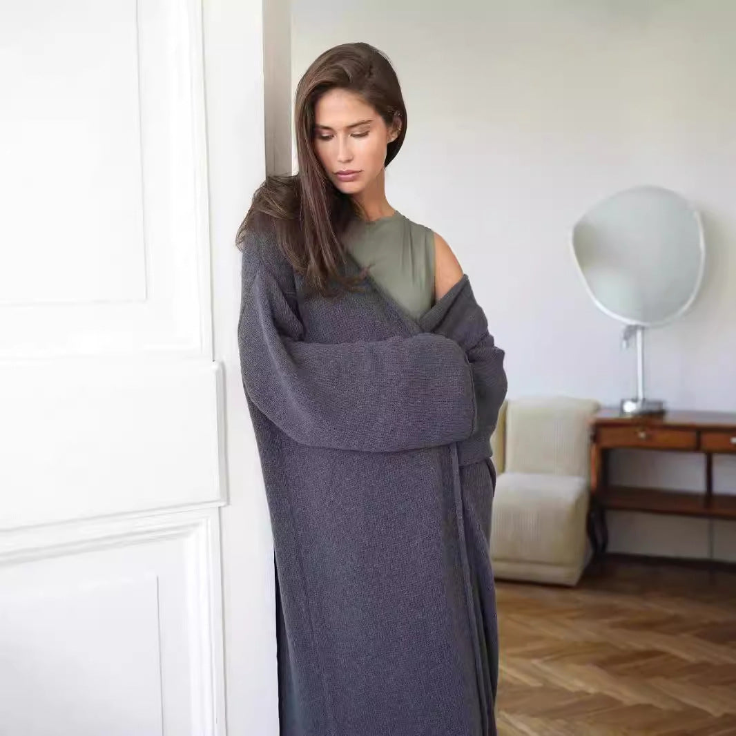 Long Open-Front Mohair-Blend Cardigan in Charcoal — on model, wrapped