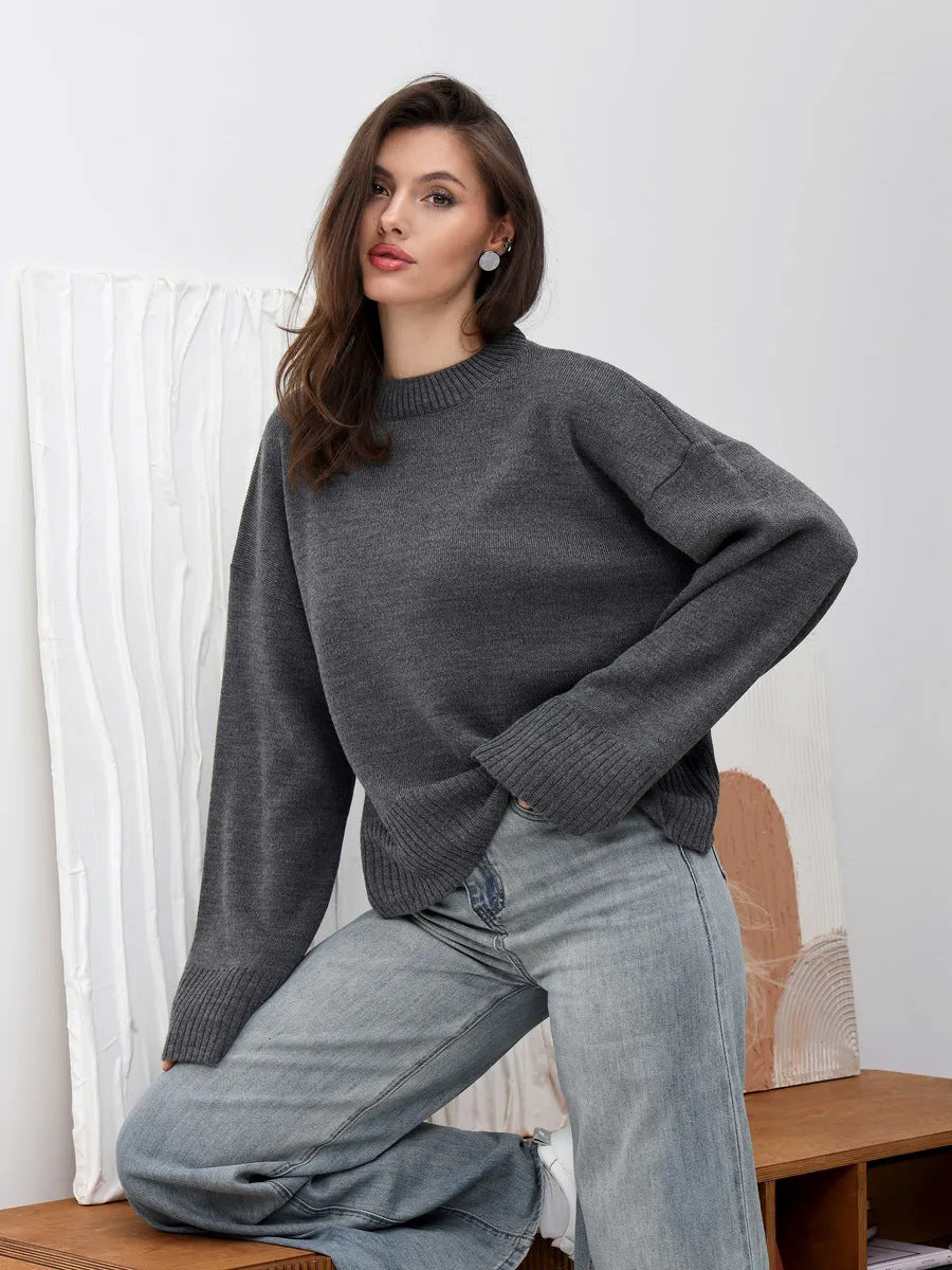 Relaxed Crew Neck Sweater with Split Cuffs in Charcoal — front view on model or garment
