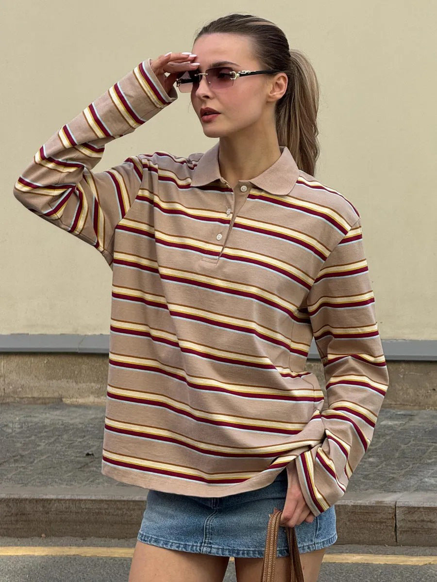Relaxed Striped Long Sleeve Polo Shirt in Khaki Stripe — front view on model