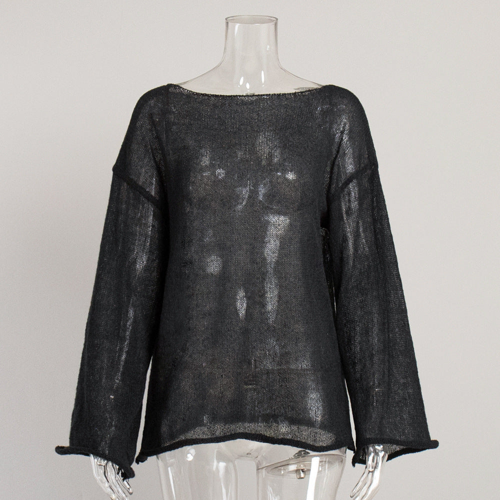 Sheer Open-Knit Bell Sleeve Sweater in Black — front view on mannequin