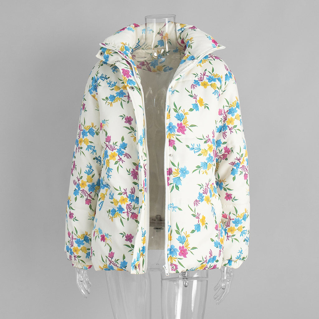 Floral Print Puffer Jacket with Stand Collar in Cream Floral — worn open on mannequin, showing the lining