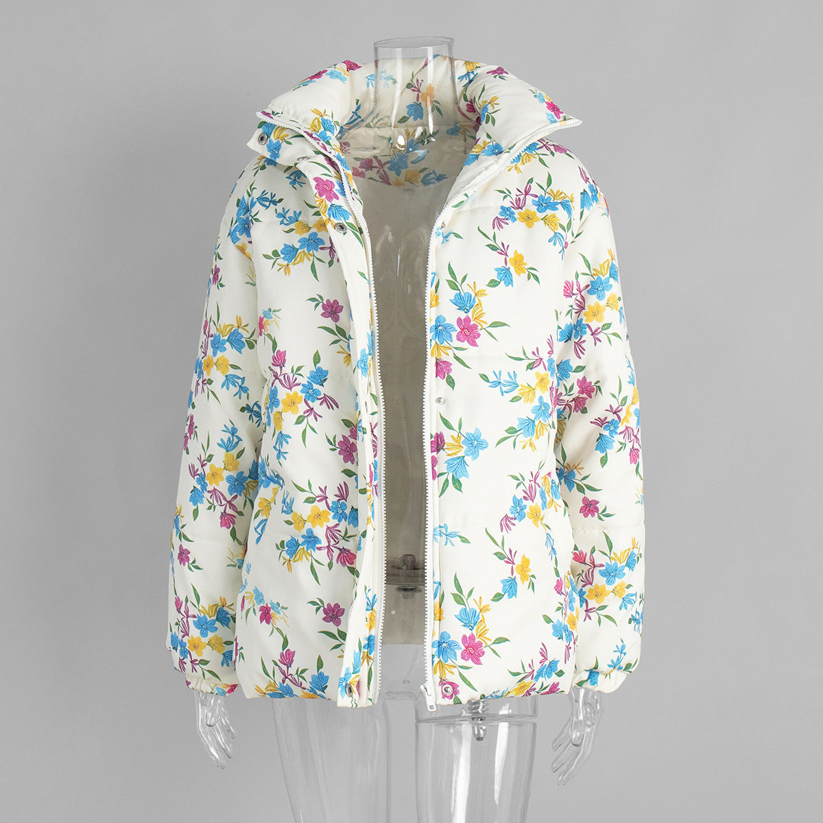 Floral Print Puffer Jacket with Stand Collar in Cream Floral — worn open on mannequin, showing the lining