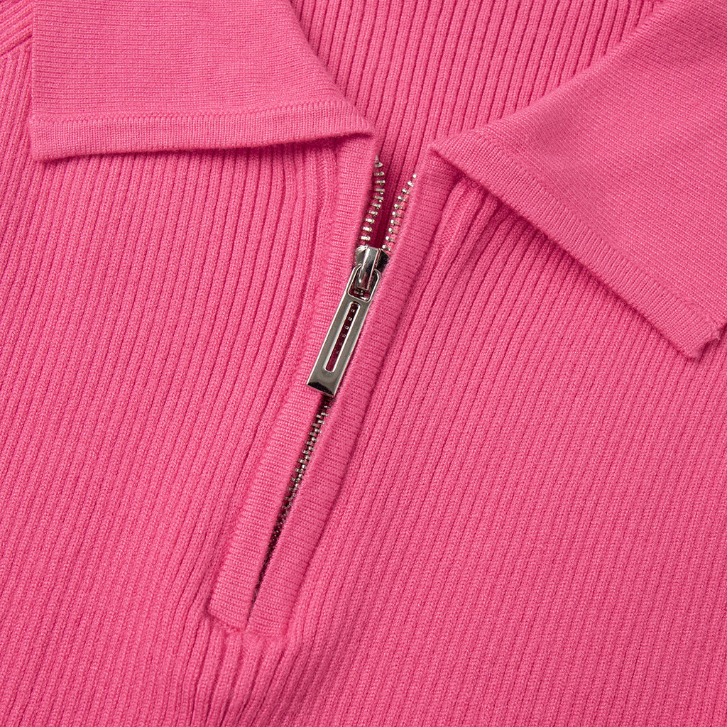 Quarter-Zip Polo Collar Ribbed Sweater in Hot Pink — close-up of the polo collar and zip