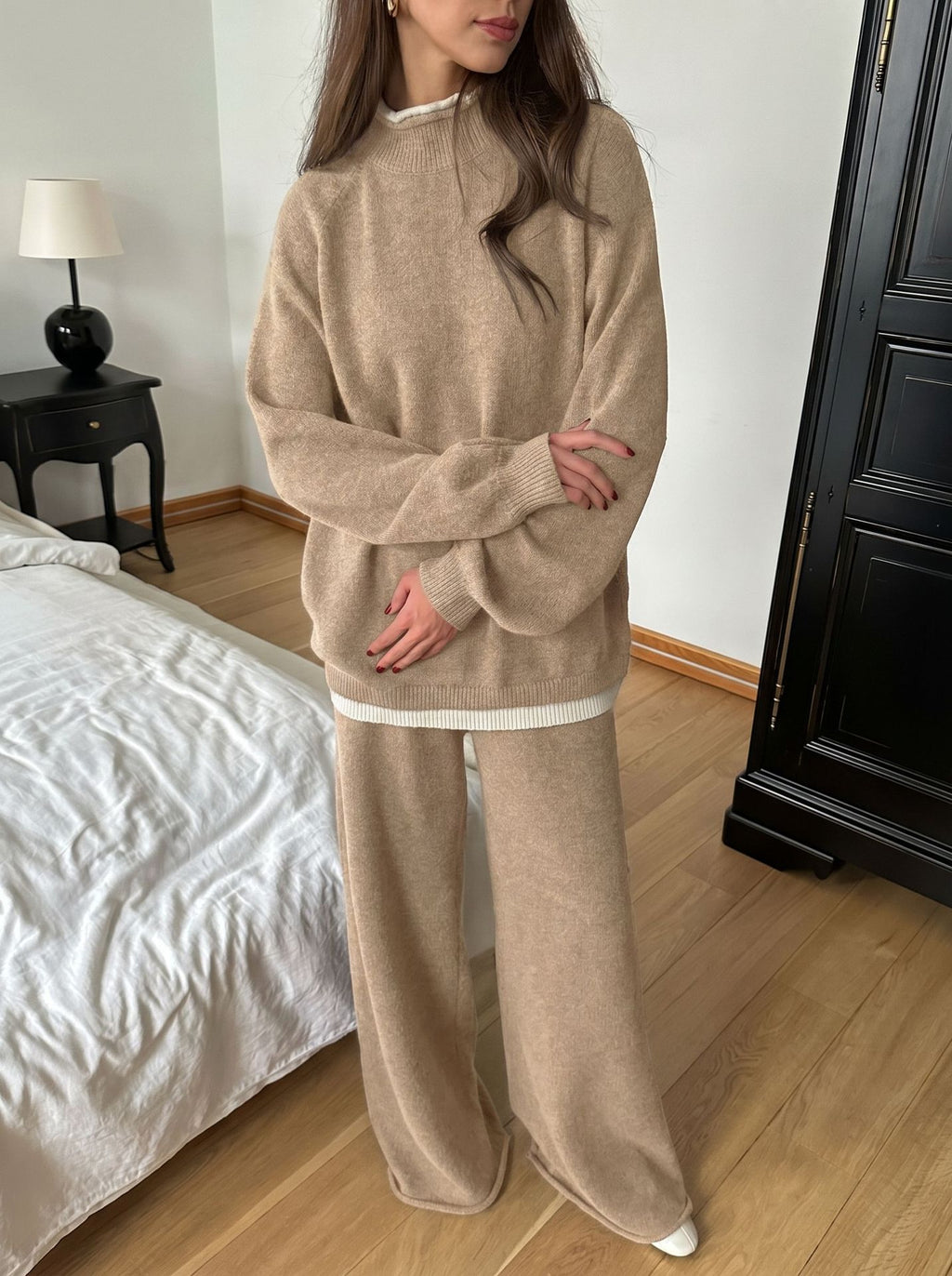 Oversized Wool-Blend Sweater & Wide-Leg Knit Pants Set with Contrast Trim in Oat — front view on model