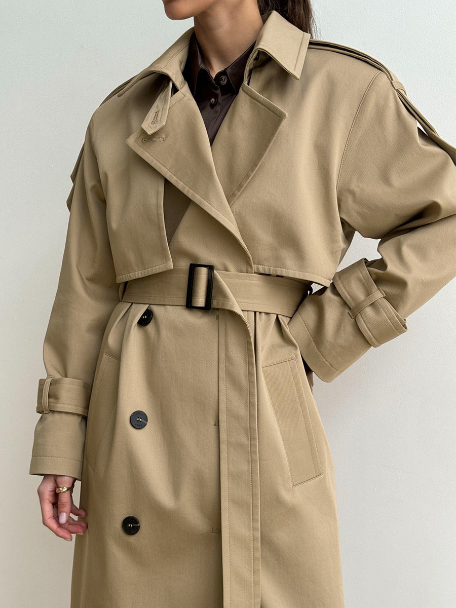 Classic Long Double-Breasted Cotton Trench Coat in Classic Khaki — close-up of belted waist on model