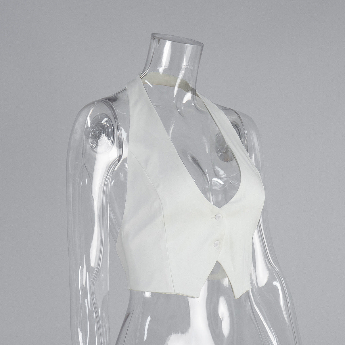 Open-Back Halter Crop Vest in White — front view on mannequin