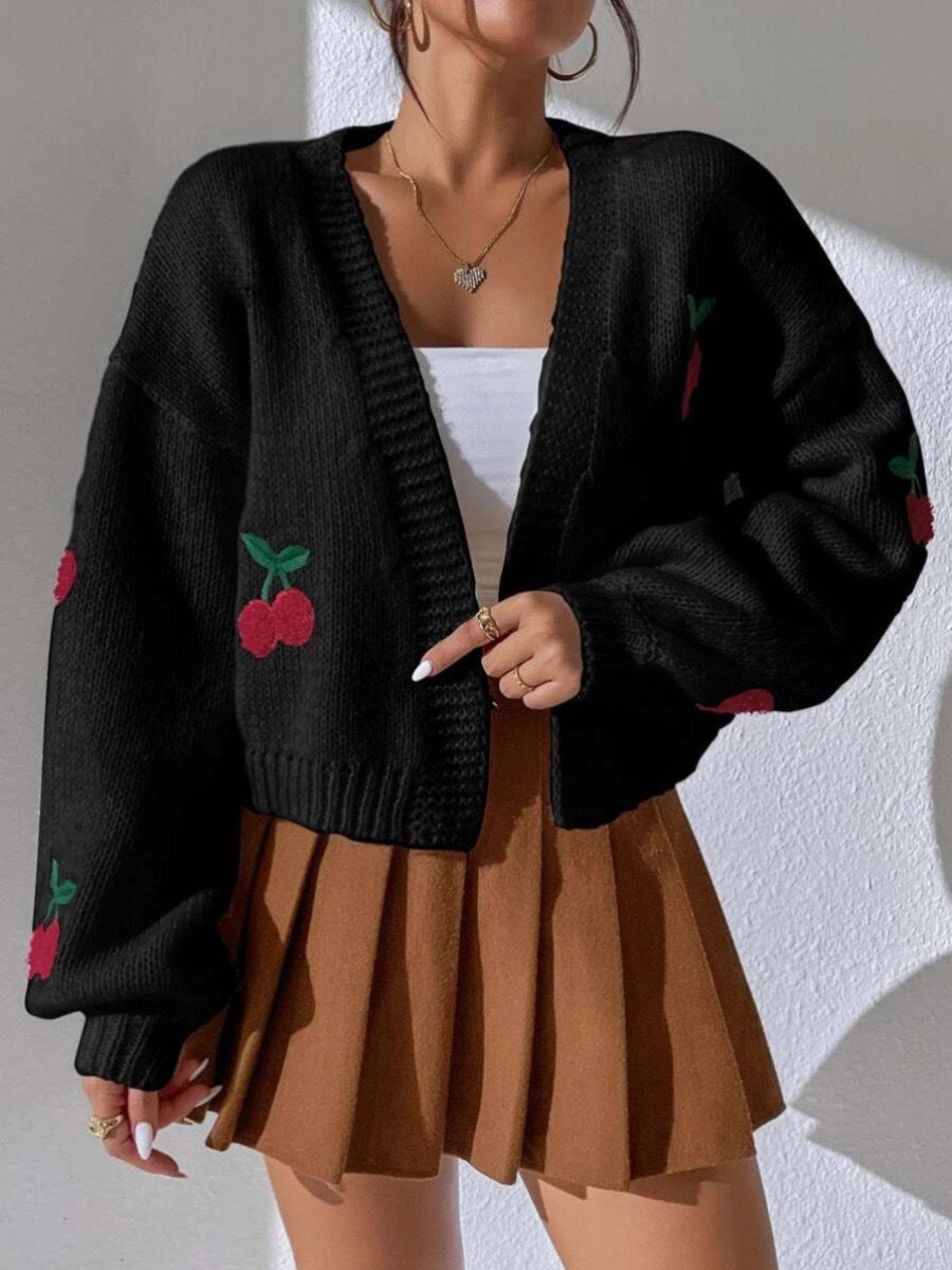Cherry Embroidered Open-Front Knit Cardigan in Black — front view on model