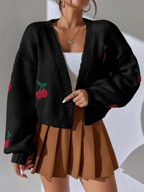 Cherry Embroidered Open-Front Knit Cardigan in Black — front view on model