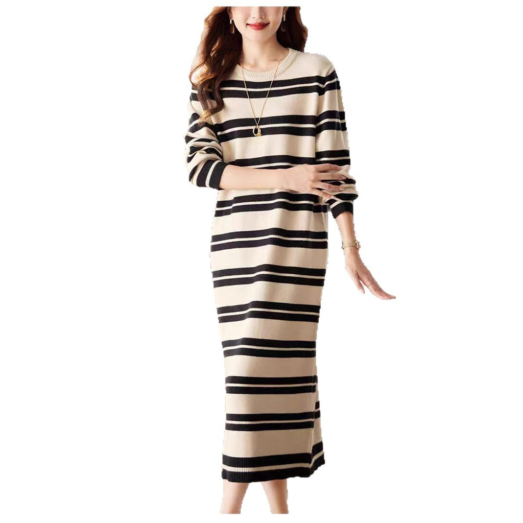 Striped Long-Sleeve Knit Maxi Dress in Black & Cream — full-length view, cut out