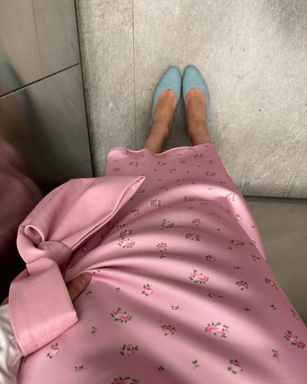 Floral Satin Maxi Skirt in Pink Floral — top-down detail of the print