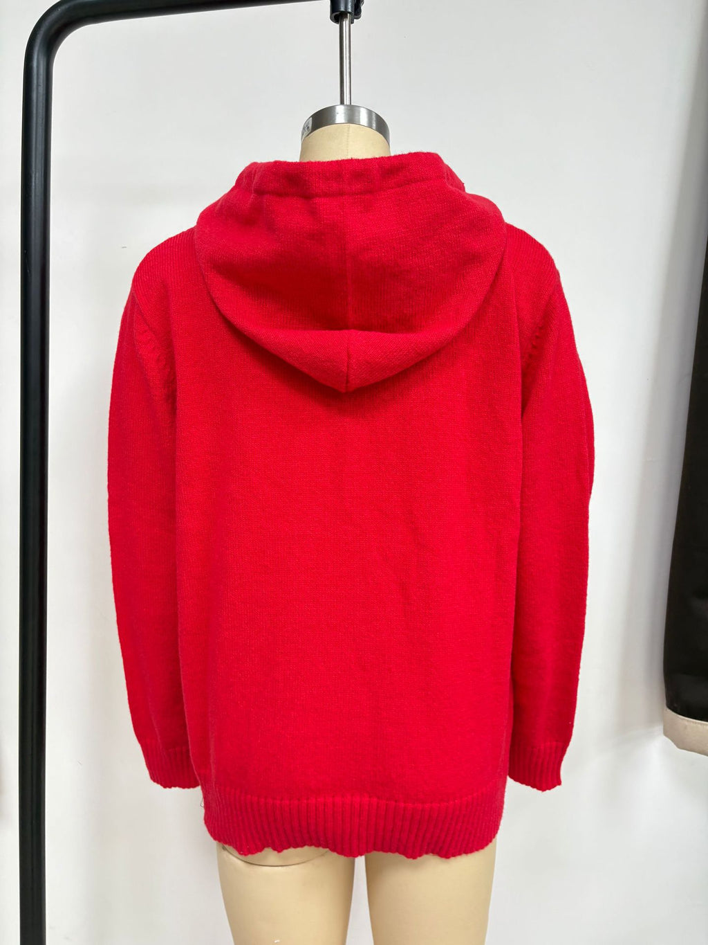 V-Neck Knit Hoodie Sweater with Kangaroo Pocket in Red — back view on a dress form