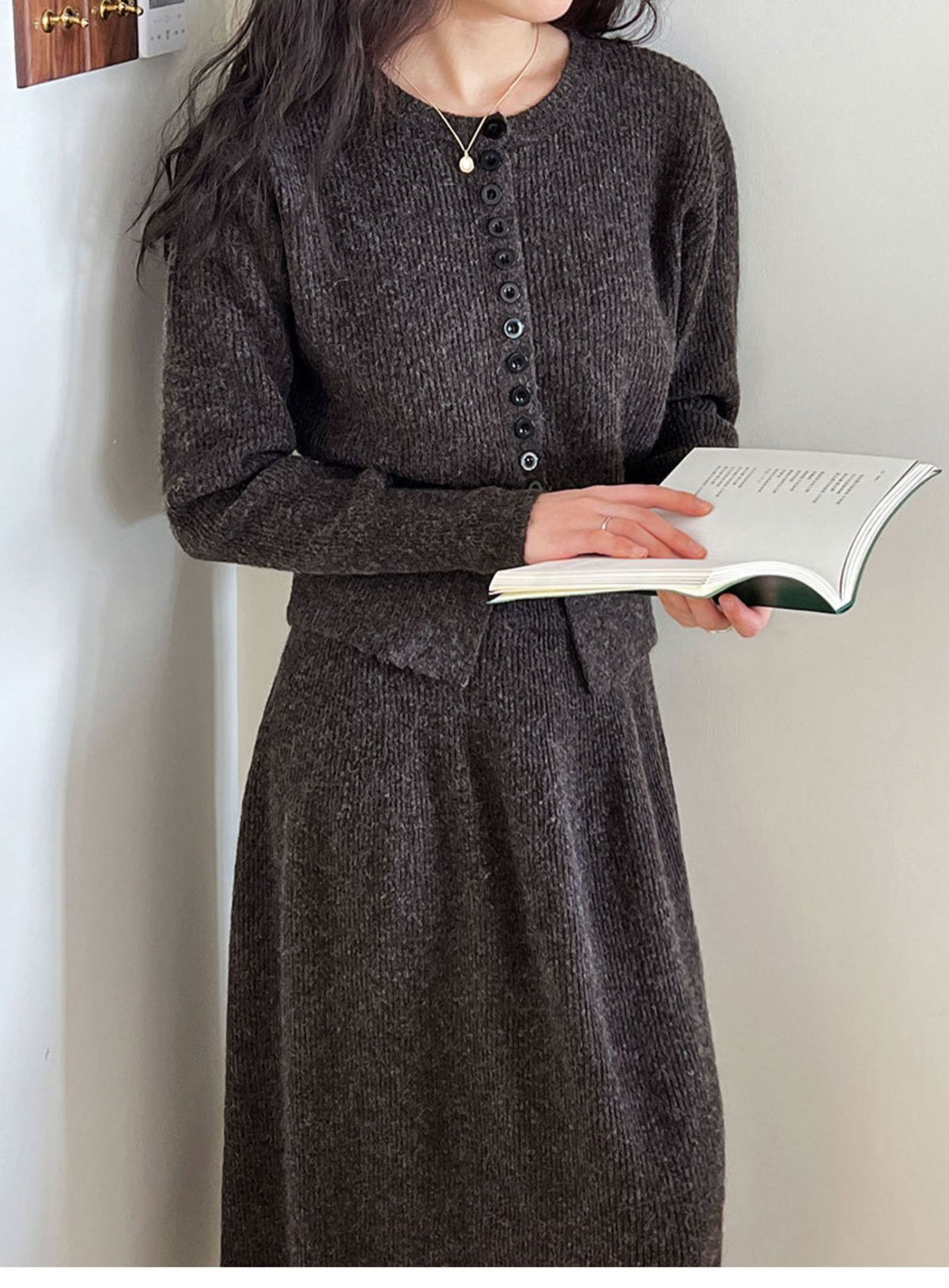 Button-Front Knit Cardigan & A-Line Maxi Skirt Set in Coffee — close view on model