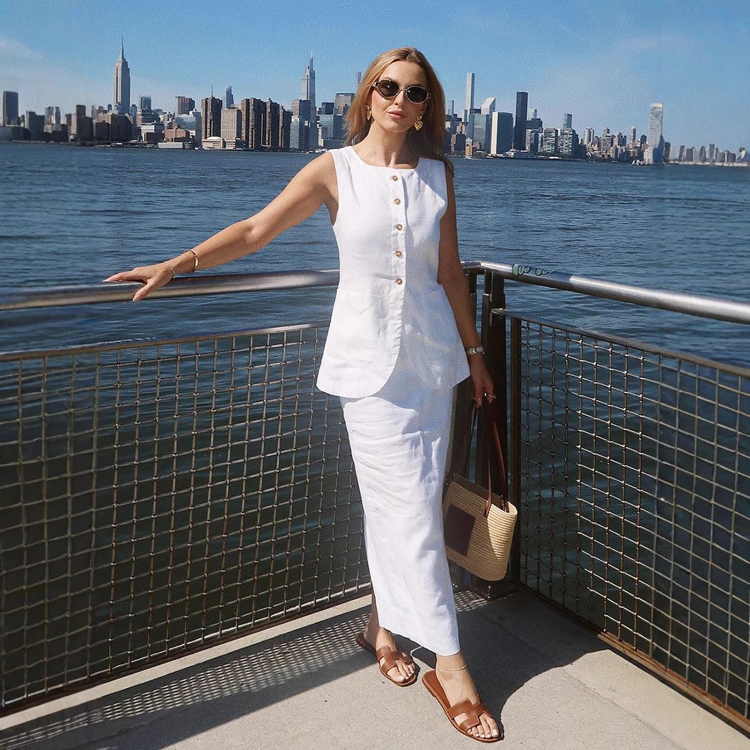 Linen-Blend Vest & Column Maxi Skirt Set in White — on model, waterfront