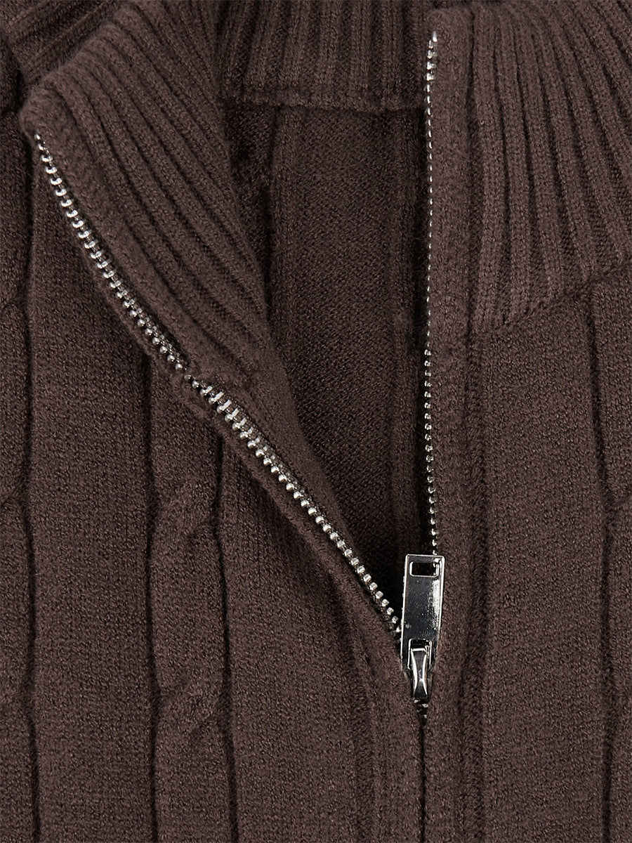 Cable Knit Zip-Up Sweater & Straight-Leg Knit Pants Set in Chocolate — close-up of the front zipper