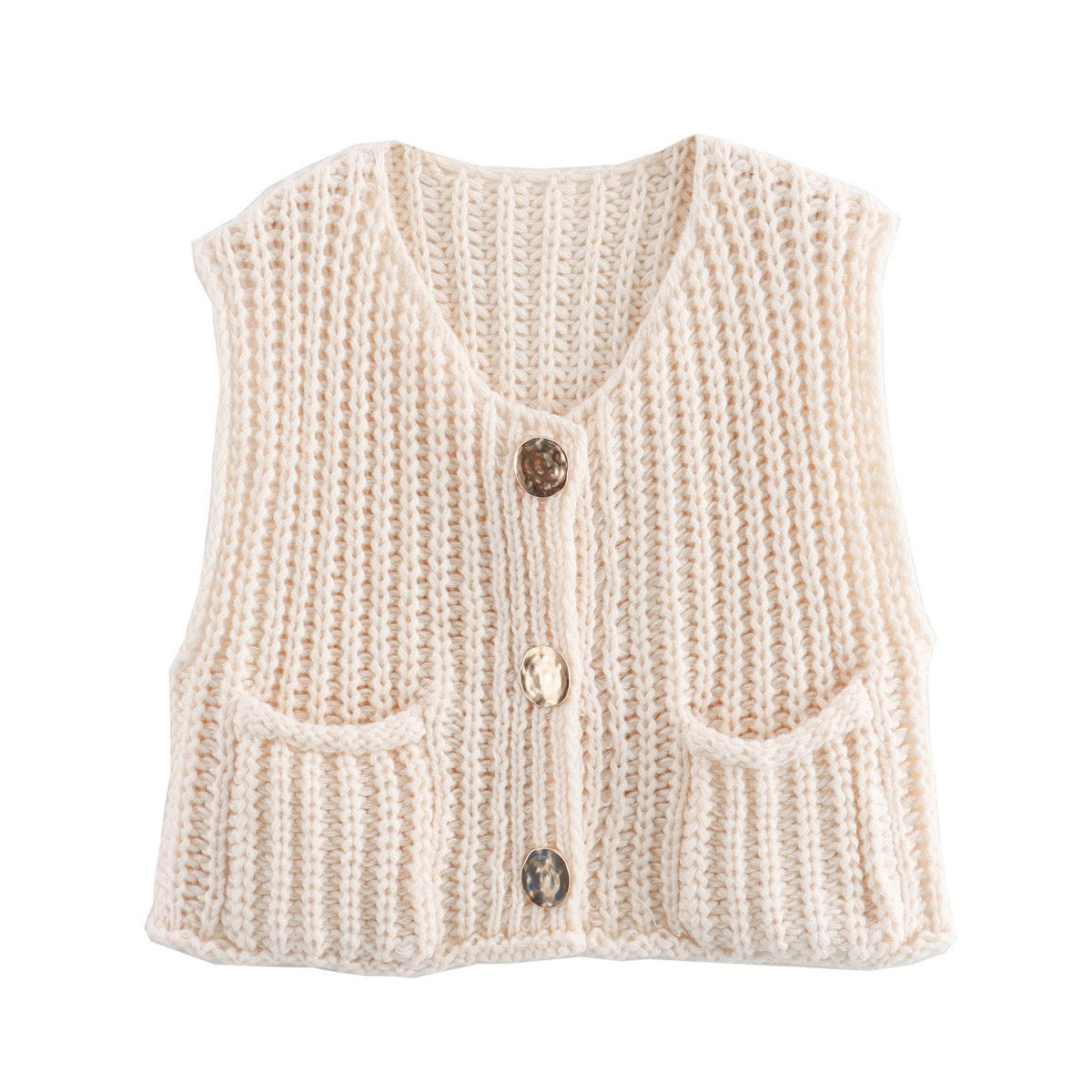 Gold-Button Chunky Knit Vest in Ivory — flat front view