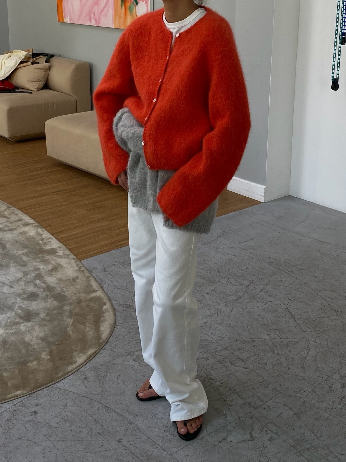 Fuzzy Wool-Blend Crew-Neck Button Cardigan in Red — full-length view on model