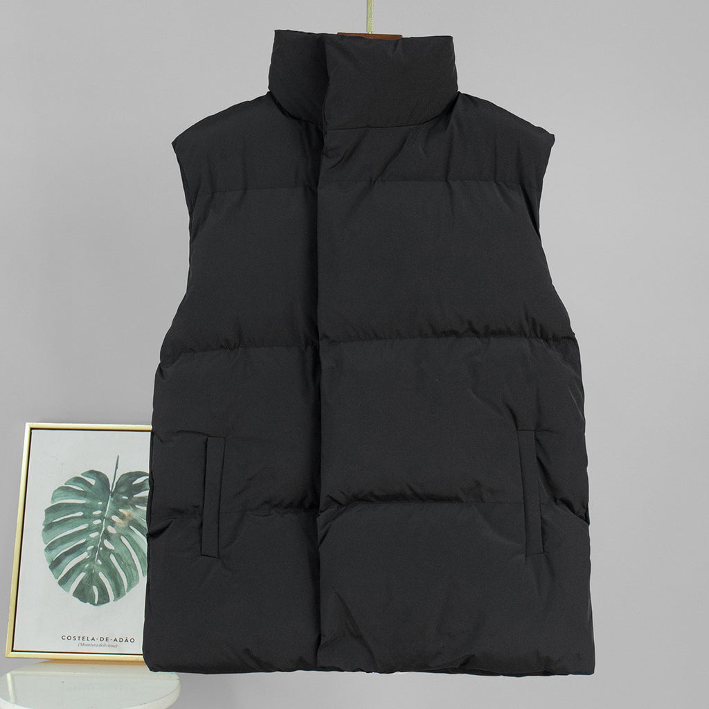 Longline Puffer Vest with High Stand Collar in Black — front view