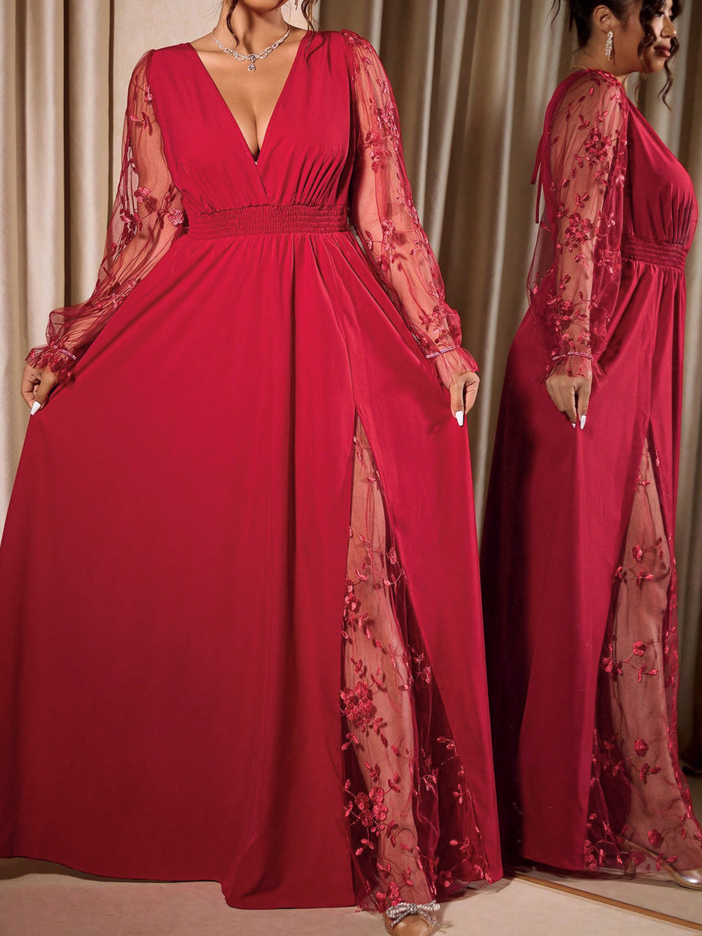 Plus-Size Lace-Sleeve V-Neck Maxi Gown with Slit in Red — side view showing the slit
