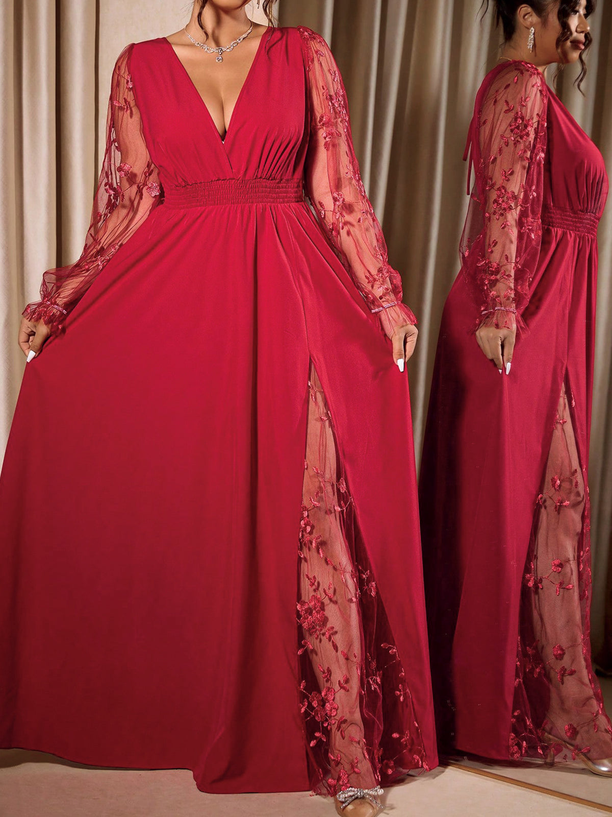 Plus-Size Lace-Sleeve V-Neck Maxi Gown with Slit in Red — side view showing the slit