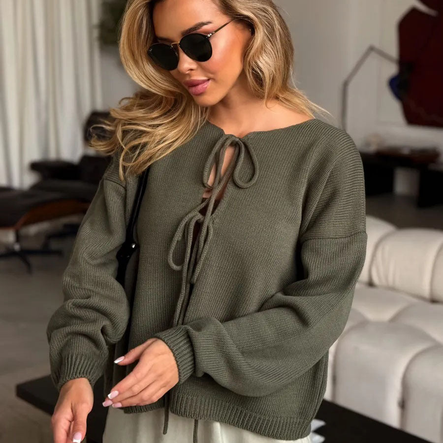 Round Neck Tie-Front Knit Cardigan in Olive — front view on model