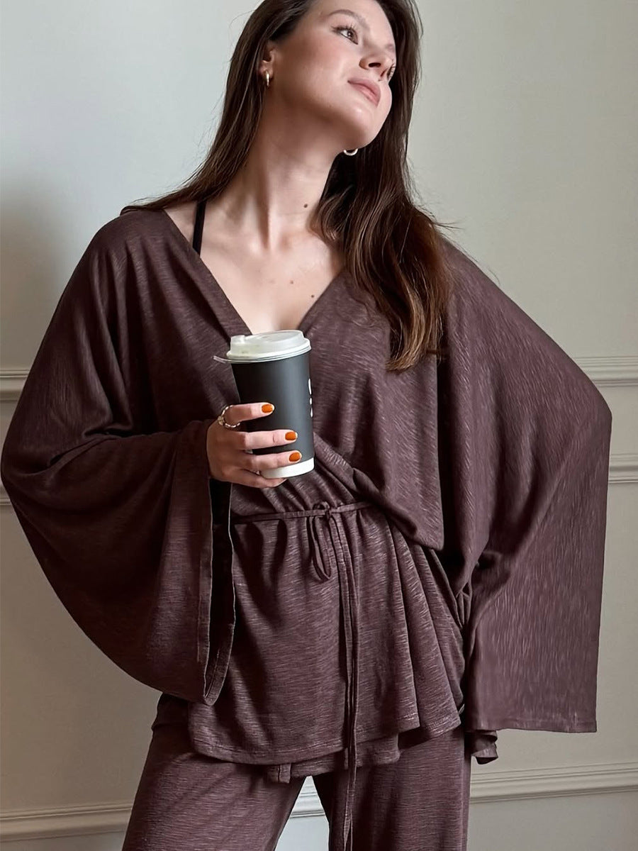 Wrap Tie Top & Wide-Leg Lounge Pants Set in Cocoa — on model with coffee