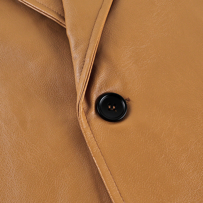 Faux Leather Blazer Jacket with Padded Shoulders in Cognac — close-up of the front button