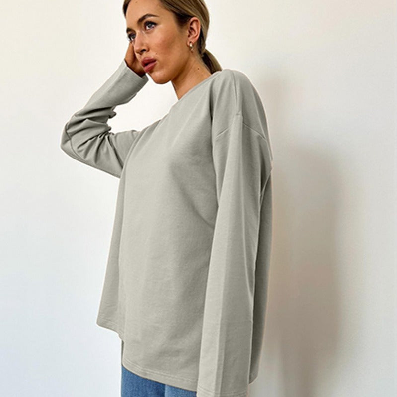 Relaxed Drop-Shoulder Cotton Long Sleeve Tee in Stone — front view on model or garment