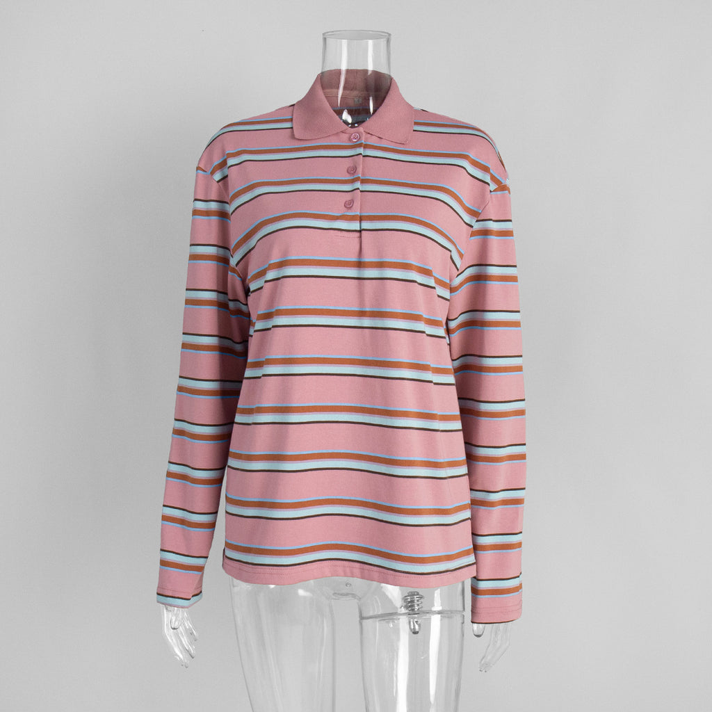 Relaxed Striped Long Sleeve Polo Shirt in Pink Stripe — front view