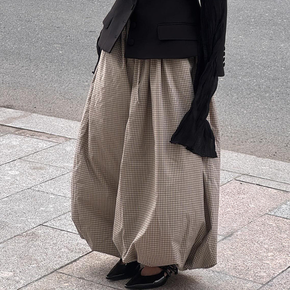 Cotton-Rayon Check Balloon Harem Pants in Khaki Check — side view on model