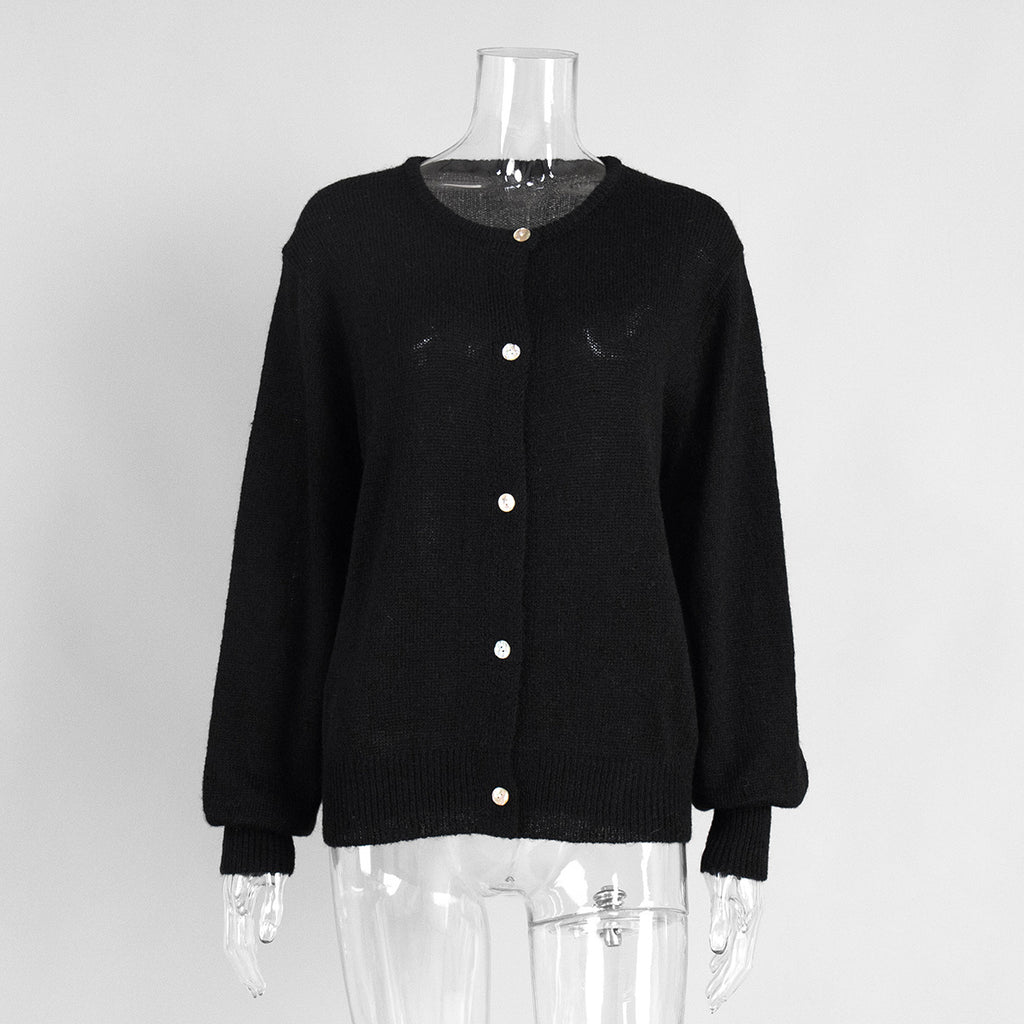 Soft Fuzzy Crew Neck Button Cardigan in Black — front view